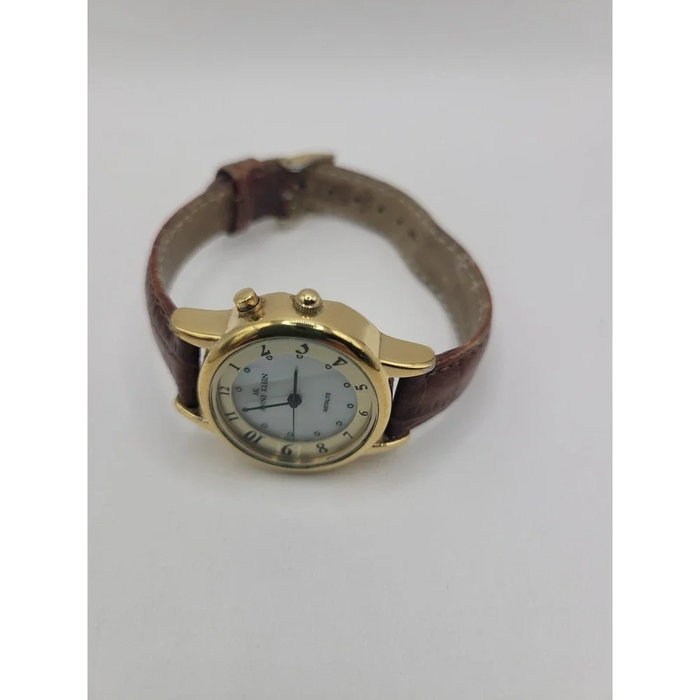 Vintage Anne Klein AK Instalite Quartz Watch Gold Tone‎ White Dial Brown Leather